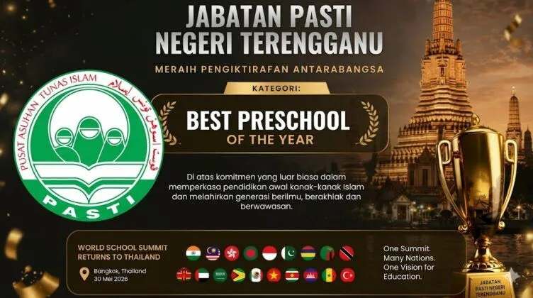 PASTI Terengganu menerima anugerah Best Preschool of the Year pada World School Summit 2026 di Bangkok Thailand