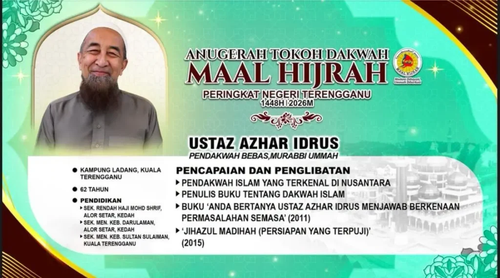Poster rasmi Ustaz Azhar Idrus sebagai penerima Anugerah Tokoh Dakwah Maal Hijrah Peringkat Negeri Terengganu 1448H/2026M.