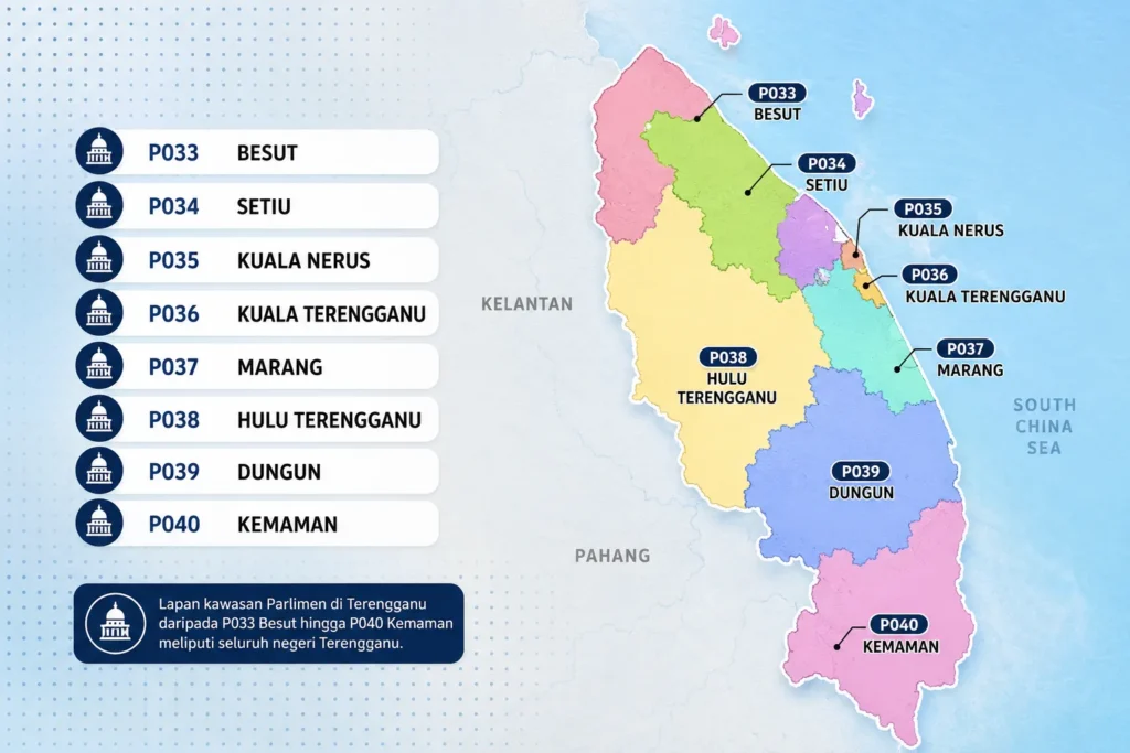 Peta 8 kawasan Parlimen Terengganu termasuk Besut, Setiu, Kuala Nerus, Kuala Terengganu, Marang, Hulu Terengganu, Dungun dan Kemaman