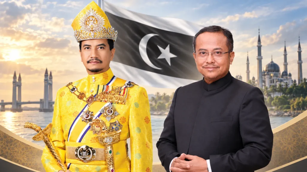 Sultan Terengganu bersama Menteri Besar Terengganu dengan latar bendera negeri Terengganu