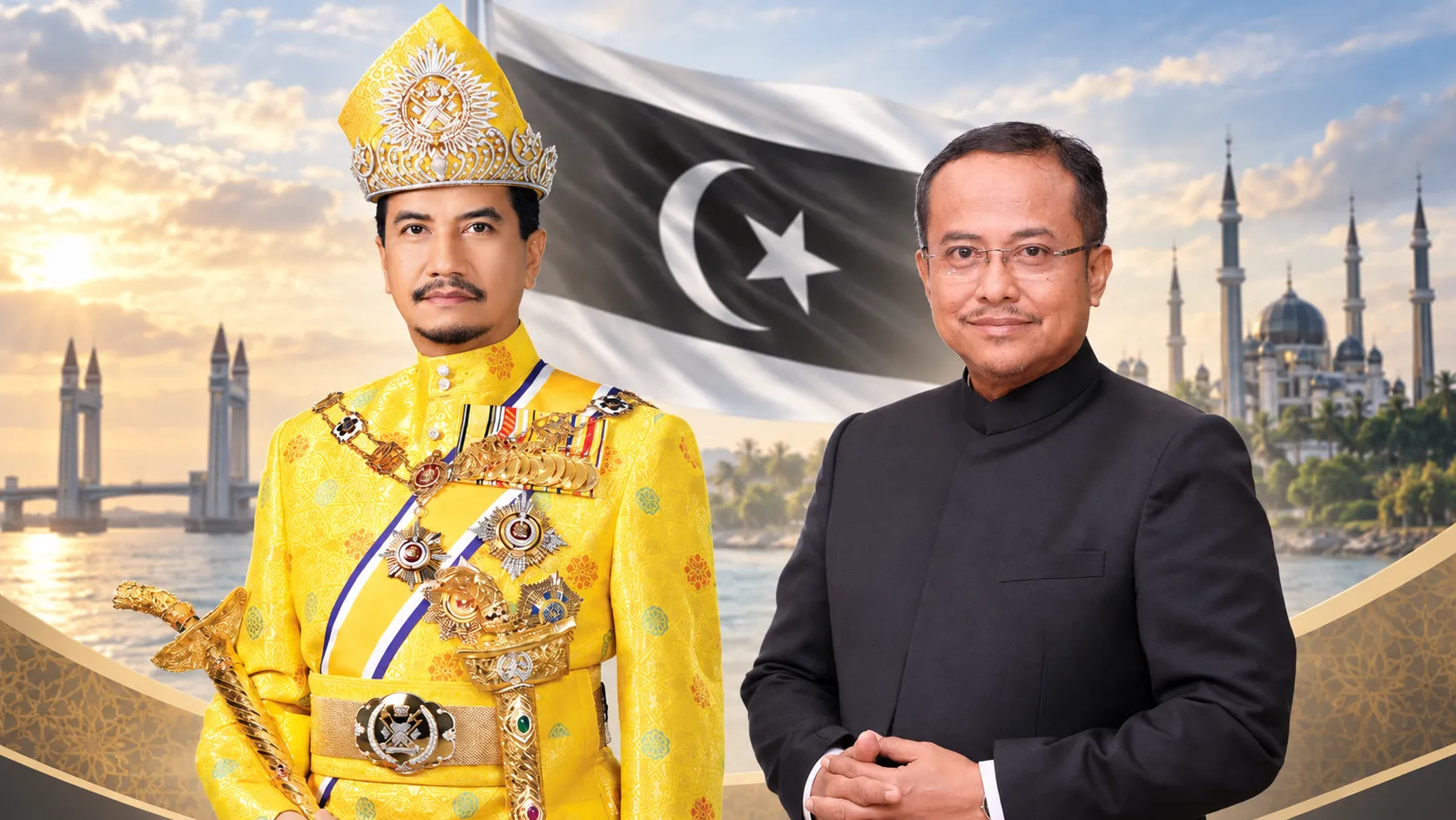 Sultan Terengganu bersama Menteri Besar Terengganu dengan latar bendera negeri Terengganu