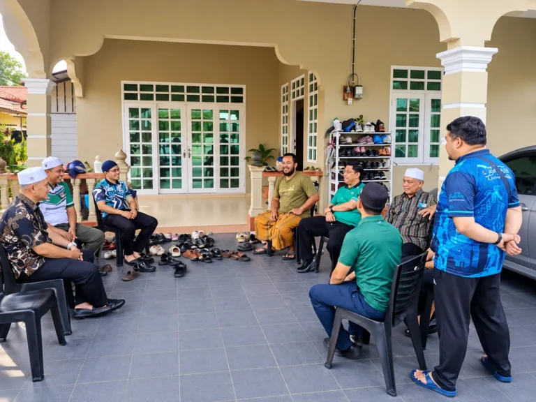 Sekumpulan lelaki berbincang dalam sesi ziarah kebajikan di kawasan rumah