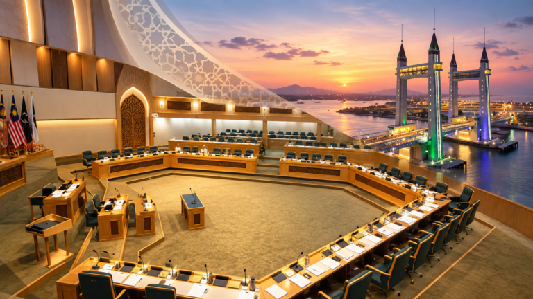 Dewan Undangan Negeri Terengganu dengan latar Jambatan Angkat Kuala Terengganu