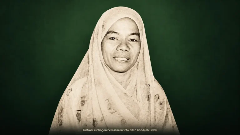 Ilustrasi suntingan potret Khadijah Sidek bertudung dengan latar hijau gelap