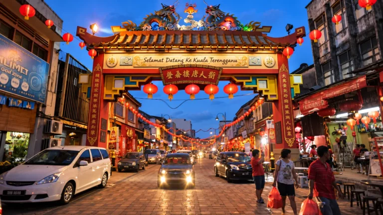 Pintu gerbang Kampung Cina di Kuala Terengganu pada waktu senja.